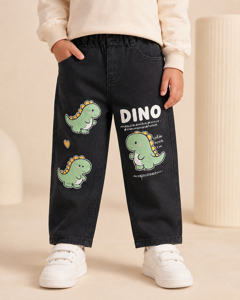 Black Printed Dino Jeans