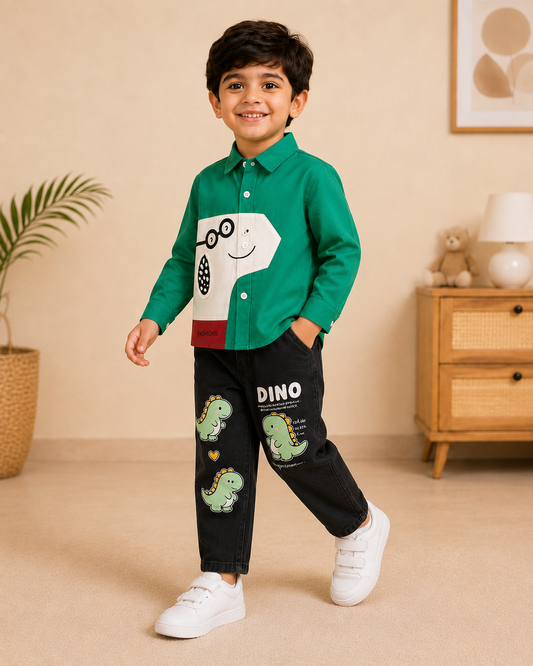 Green & Black Graphic Printed Shirt & Jeans Set - 2 Piece