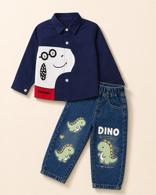 Navy Blue Graphic Printed Shirt & Jeans Set - 2 Piece