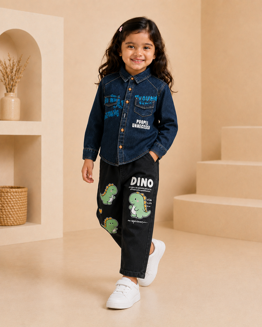 Blue Washed Denim Printed Shirt & Black Jeans Set - 2 Piece