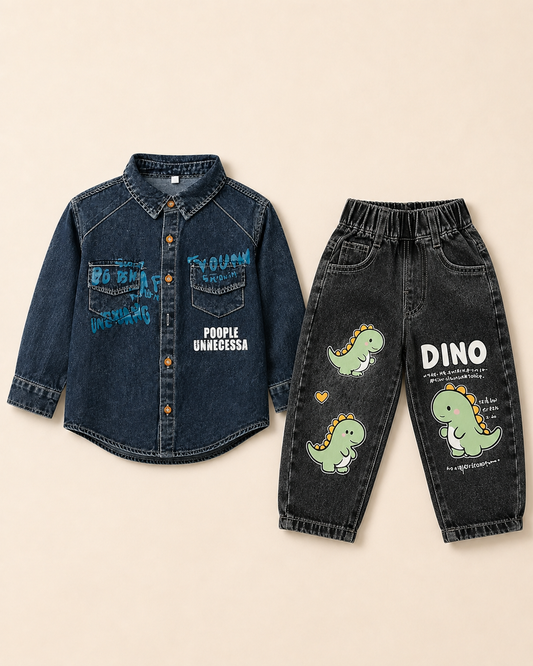 Blue Washed Denim Printed Shirt & Black Jeans Set - 2 Piece
