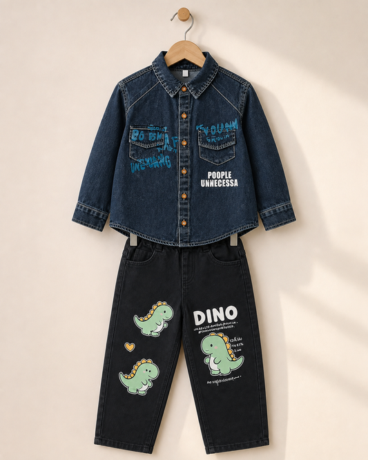 Blue Washed Denim Printed Shirt & Black Jeans Set - 2 Piece