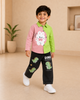 Pink & Green Printed Shirt & Black Jeans Set - 2 Piece