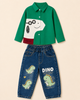 Green Graphic Printed Shirt & Blue Jeans Set - 2 Piece