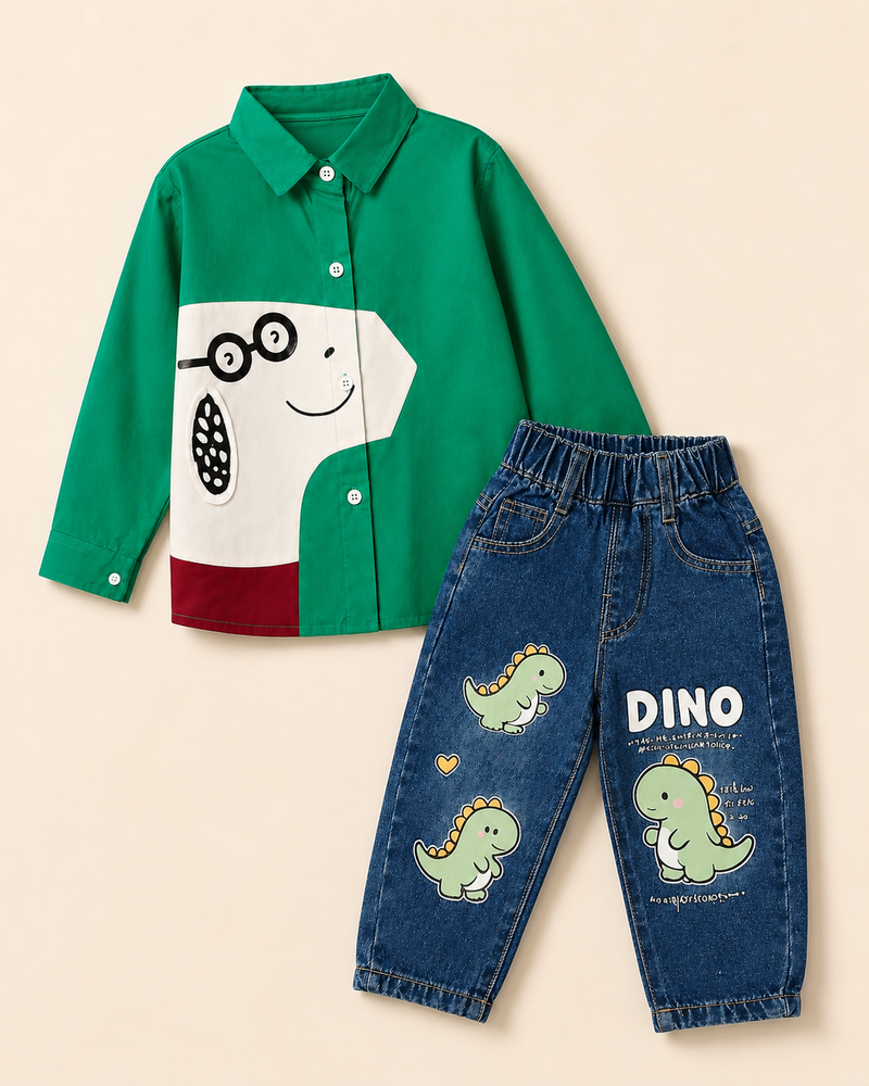 Green Graphic Printed Shirt & Blue Jeans Set - 2 Piece