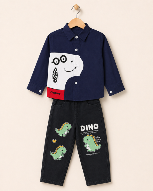 Navy Blue Graphic Printed Shirt & Black Jeans Set - 2 Piece