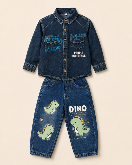 Blue Washed Denim Printed Shirt & Blue Jeans Set - 2 Piece