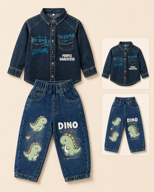 Blue Washed Denim Printed Shirt & Blue Jeans Set - 2 Piece