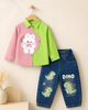 Pink & Green Printed Shirt & Blue Jeans Set - 2 Piece