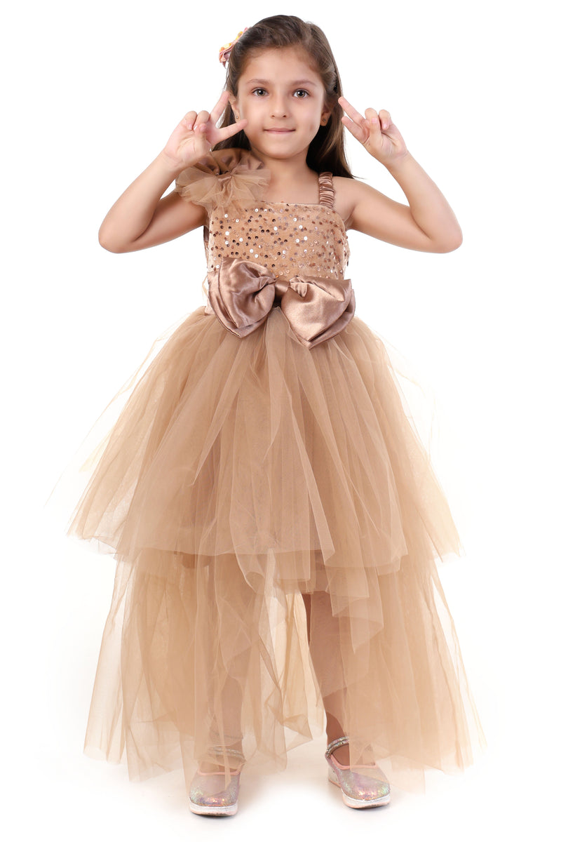 Rose Gold Radiance High-Low Gown for Girls Party Wear