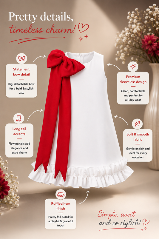 Snowberry Pop White & Red Bow Party Dress for Girls
