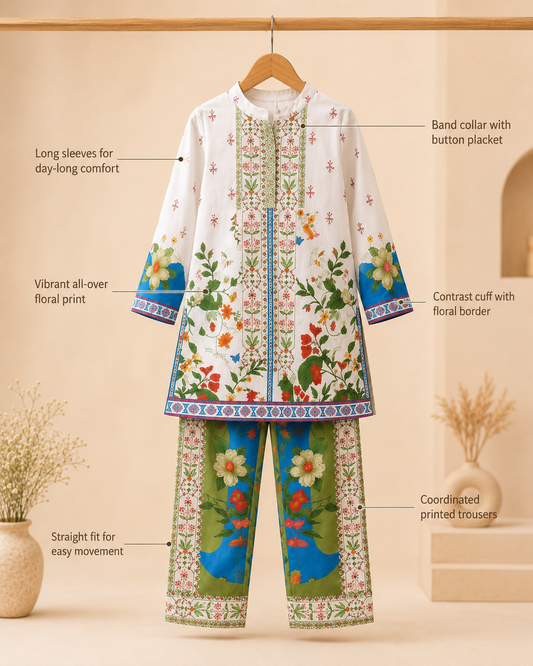 White Floral Printed Kurta Co-Ords Set