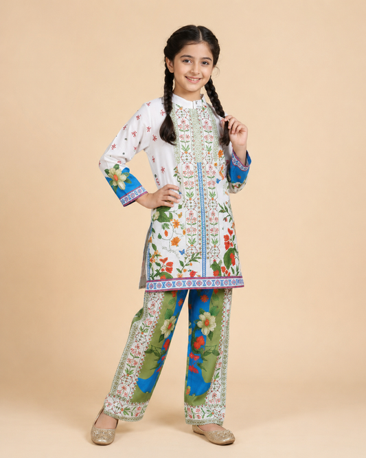 White Floral Printed Kurta Co-Ords Set