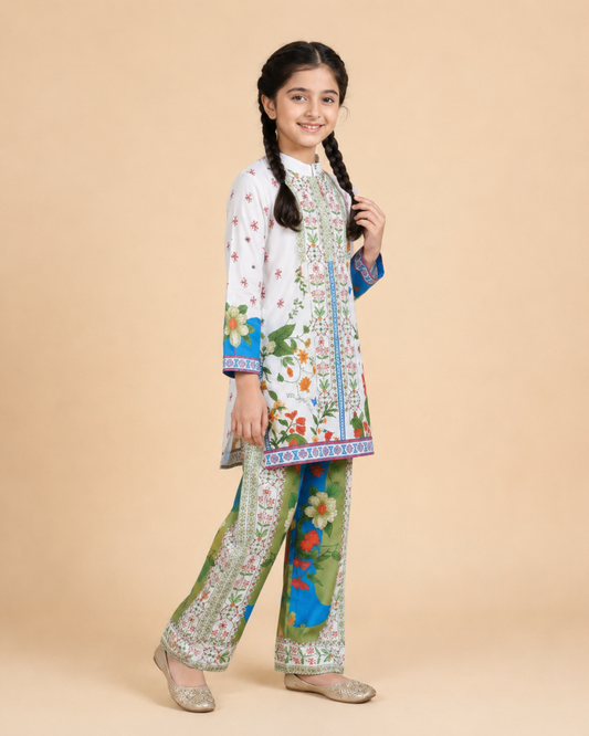 White Floral Printed Kurta Co-Ords Set