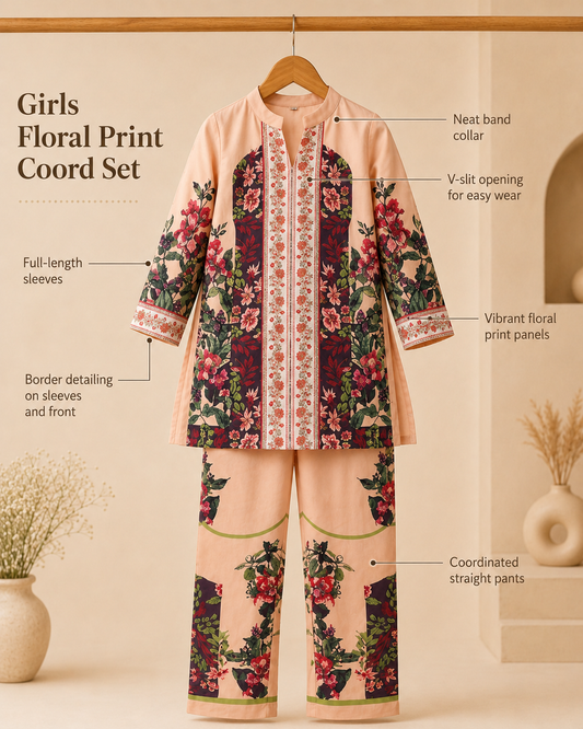 Peach Turkish Print Kurta Collar Co-Ords Set