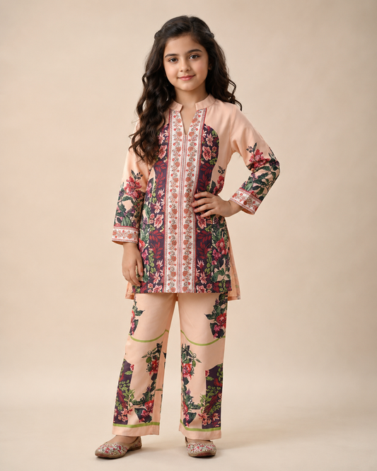 Peach Turkish Print Kurta Collar Co-Ords Set