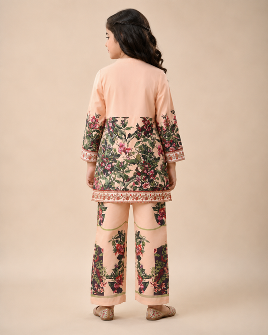 Peach Turkish Print Kurta Collar Co-Ords Set