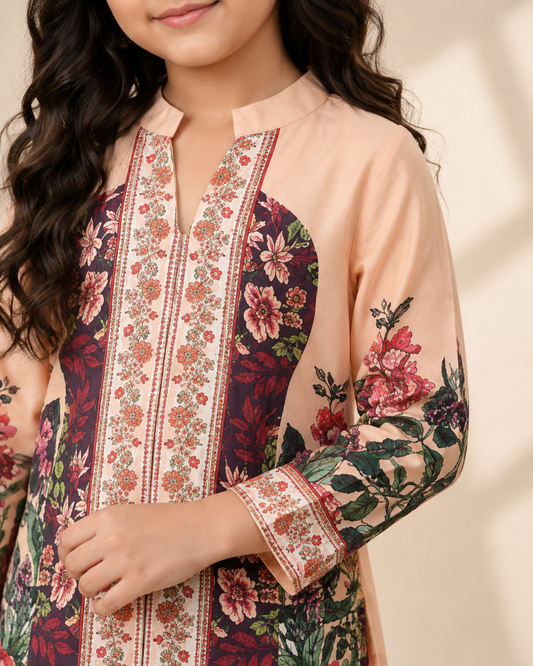Peach Turkish Print Kurta Collar Co-Ords Set