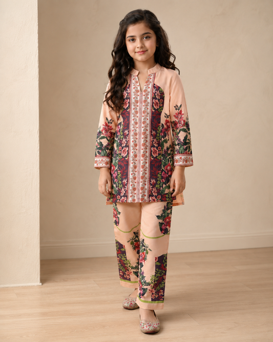 Peach Turkish Print Kurta Collar Co-Ords Set