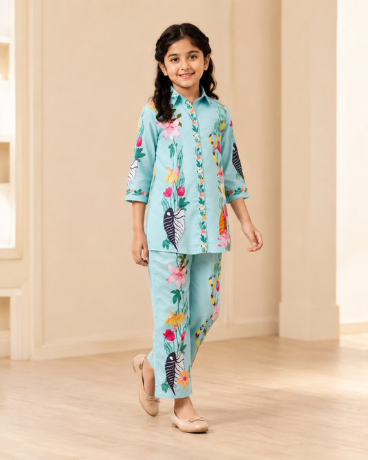 Aqua Blue Floral Printed Shirt Collar Co-Ords Set