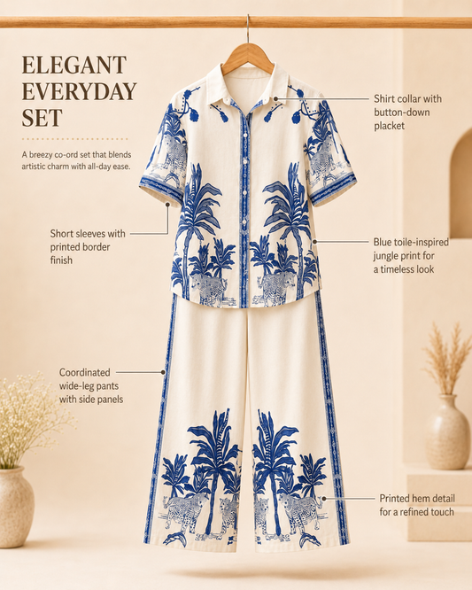 Girls Cream & Blue Printed Shirt Collar Co-Ords Set