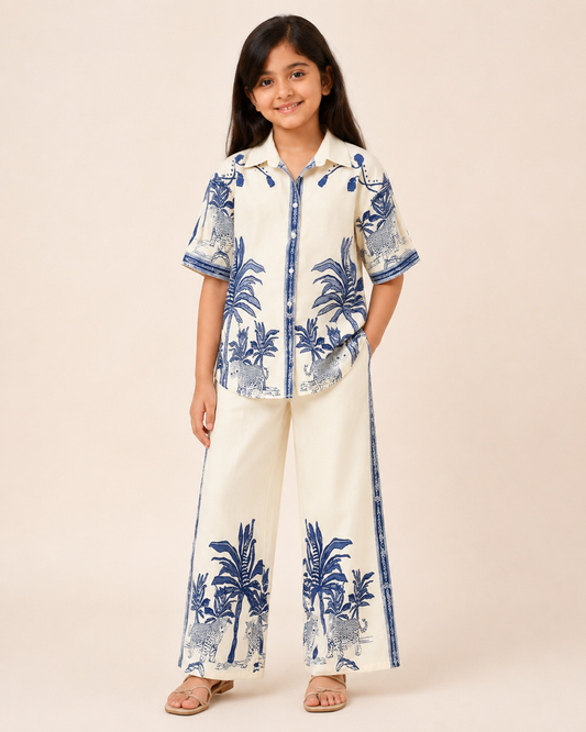 Girls Cream & Blue Printed Shirt Collar Co-Ords Set
