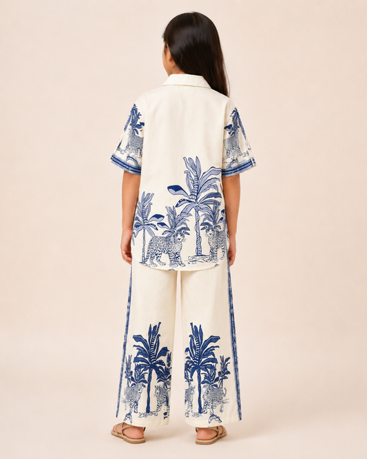 Girls Cream & Blue Printed Shirt Collar Co-Ords Set