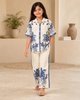 Girls Cream & Blue Printed Shirt Collar Co-Ords Set
