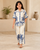 Girls Cream & Blue Printed Shirt Collar Co-Ords Set
