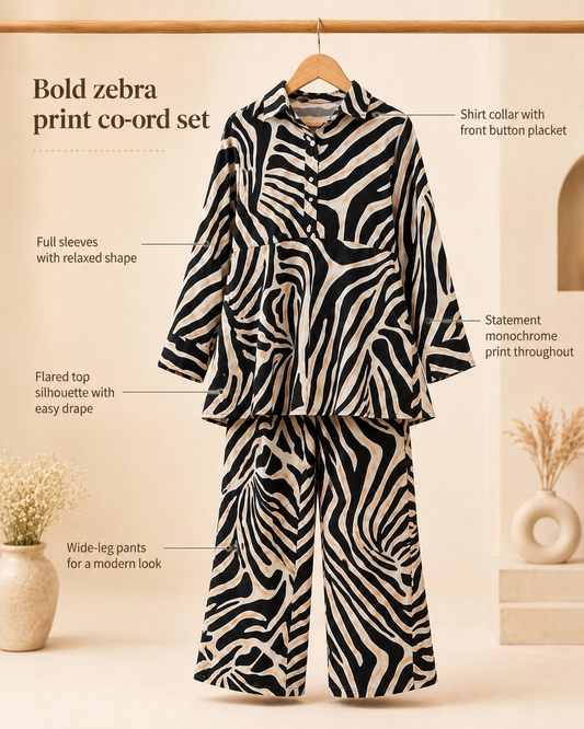 Black & Beige Animal Printed Shirt Co-Ords Set