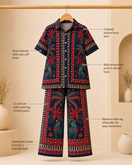 Navy Blue Printed Shirt Collar Co-Ords Set