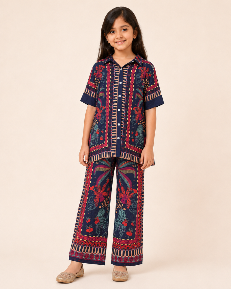Navy Blue Printed Shirt Collar Co-Ords Set