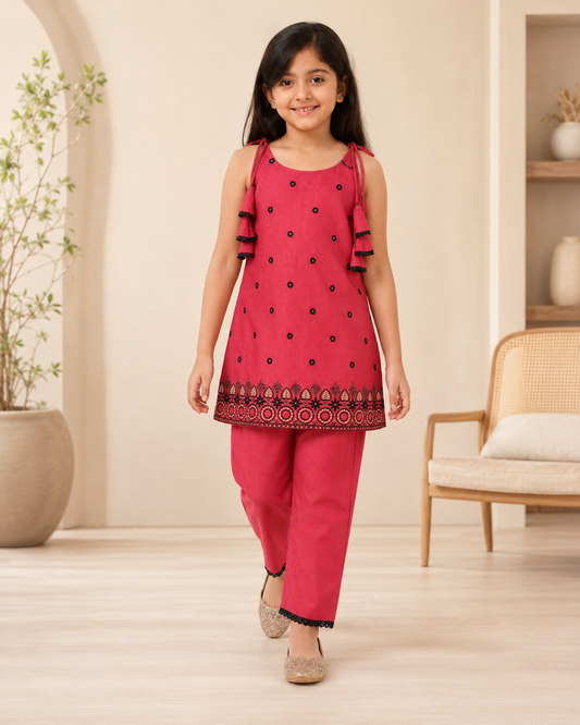 Rani Pink Embroidered Sleeveless Cord Set