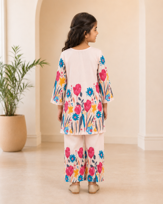 Light Pink Floral Printed Straight V-Neck Co-ord Set