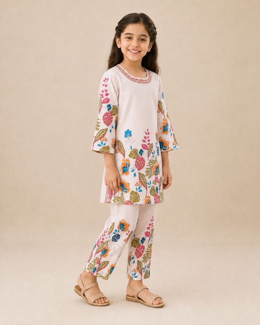 Light Pink Floral Printed Straight Round Neck Co-ord Set