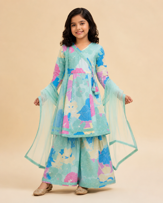 Aqua Floral Printed Kurta Sharara Set With Dupatta