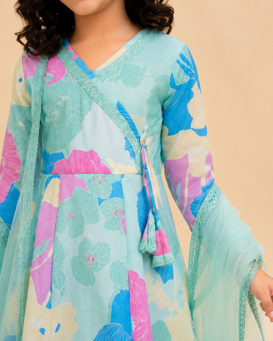 Aqua Floral Printed Kurta Sharara Set With Dupatta