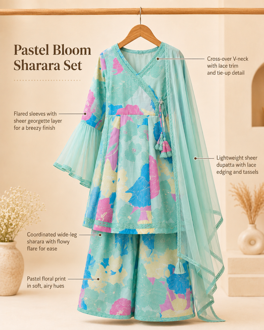 Aqua Floral Printed Kurta Sharara Set With Dupatta