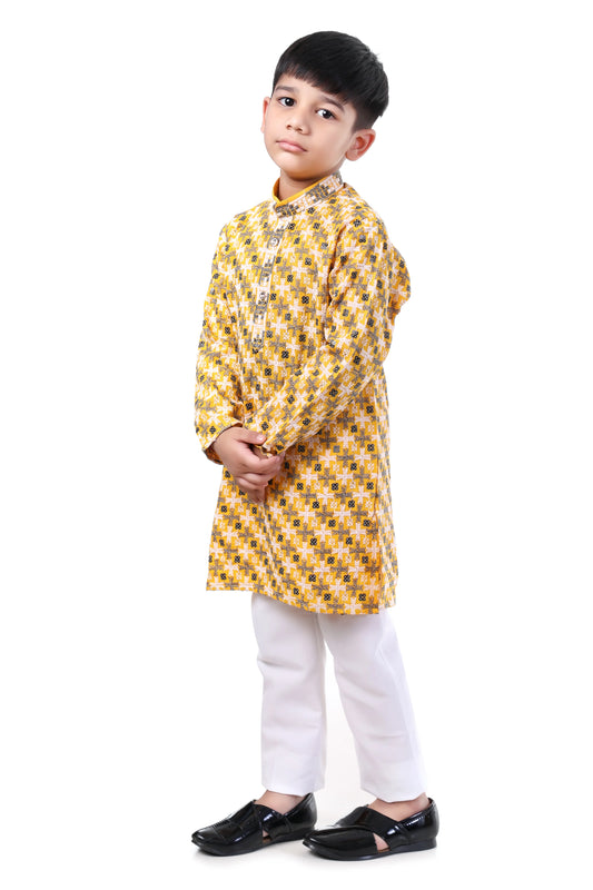 Golden Mustard Printed Kurta Pajama Set for Boys