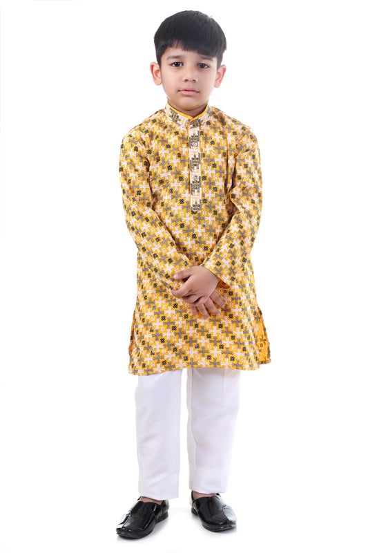 Golden Mustard Printed Kurta Pajama Set for Boys