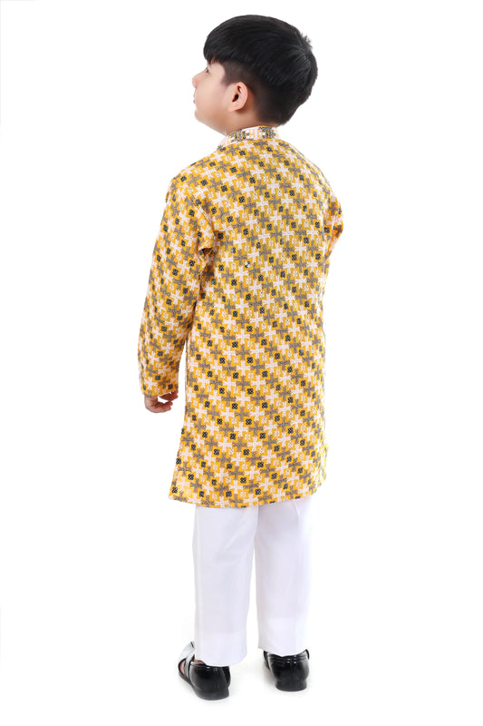 Golden Mustard Printed Kurta Pajama Set for Boys