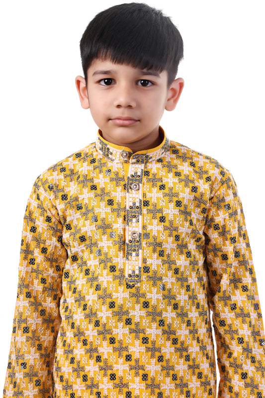 Golden Mustard Printed Kurta Pajama Set for Boys