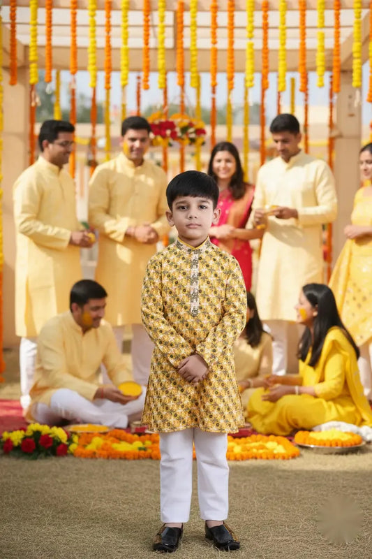 Golden Mustard Printed Kurta Pajama Set for Boys