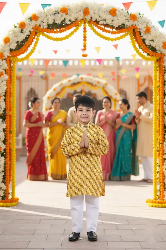 Golden Mustard Printed Kurta Pajama Set for Boys