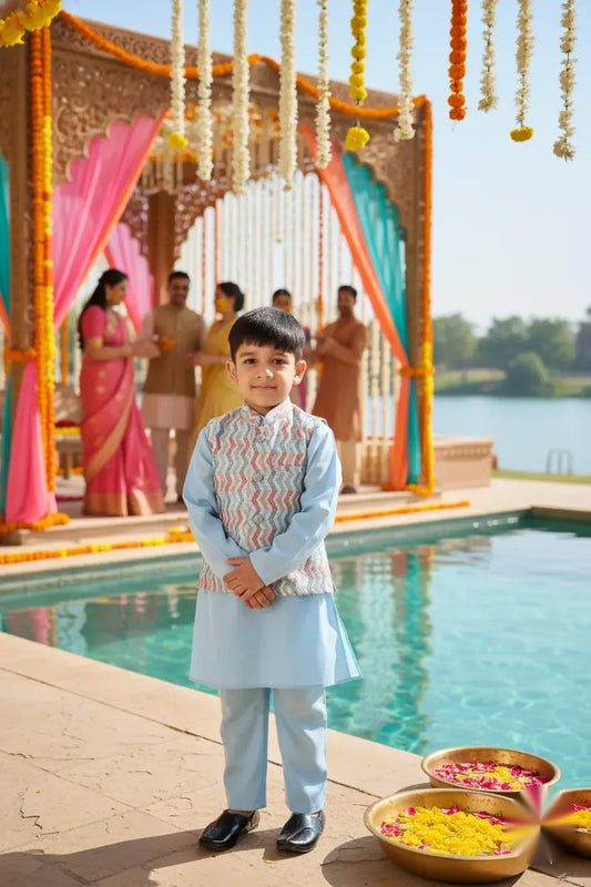 Cool Zigzag Blue Printed Kurta Koty Set for Boys