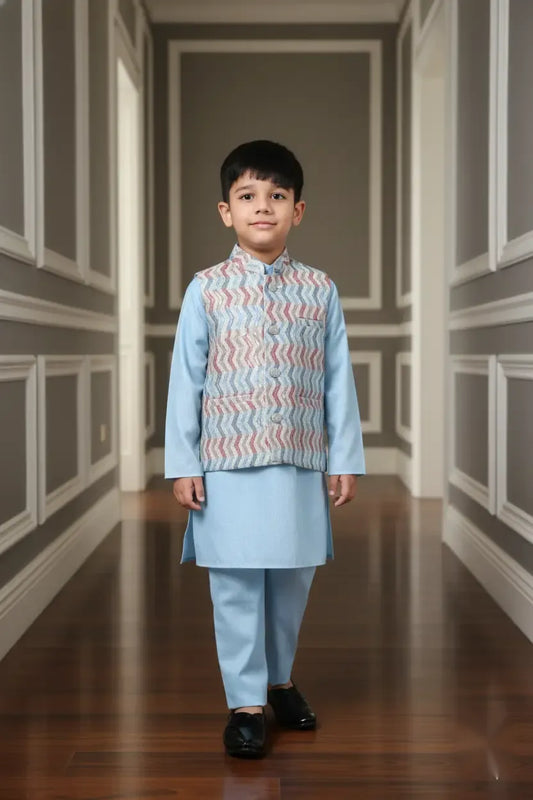 Cool Zigzag Blue Printed Kurta Koty Set for Boys