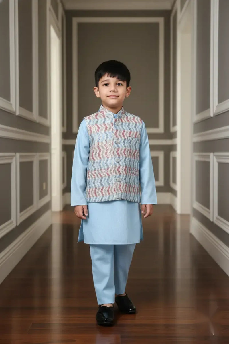 Cool Zigzag Blue Printed Kurta Koty Set for Boys