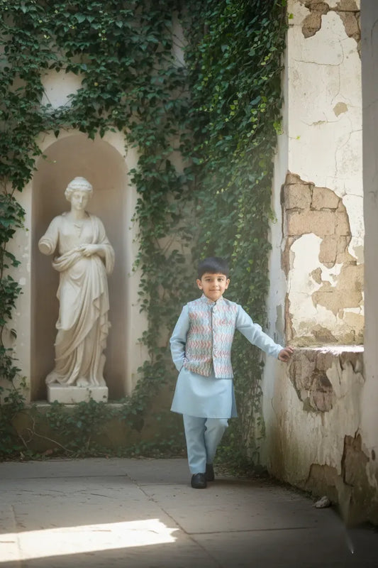 Cool Zigzag Blue Printed Kurta Koty Set for Boys