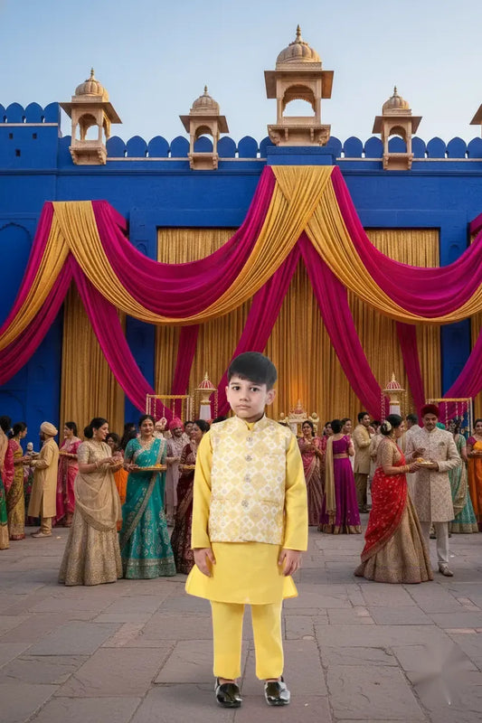 Golden Glow Yellow Printed Kurta Koty Set for Boys