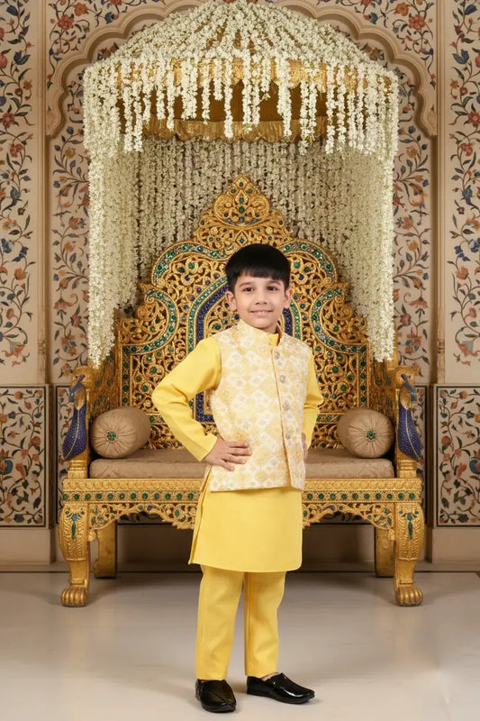 Golden Glow Yellow Printed Kurta Koty Set for Boys